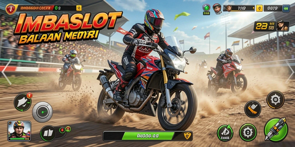 Screenshot gameplay IMBASLOT yang menampilkan balapan motor yang mendebarkan.