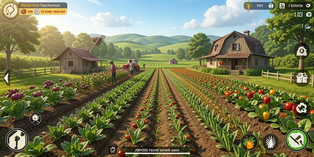 Tangkapan layar gameplay <strong>JUDOL303</strong> menunjukkan ladang yang subur dan hewan ternak.