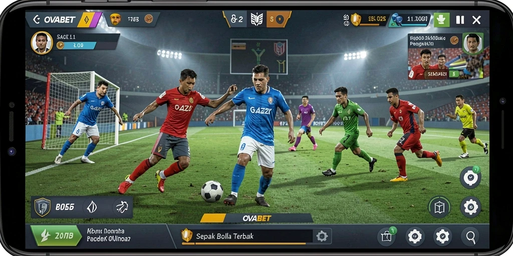 Screenshot gameplay OVABET dengan aksi sepak bola yang intens.
